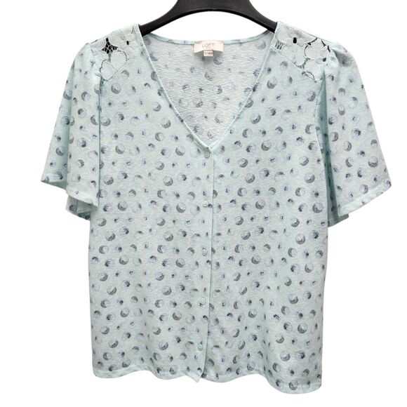 Loft Button Up Shirt Top Womens Medium Light Blue Dots Lace On Shoulder V-Neck - Picture 2 of 11